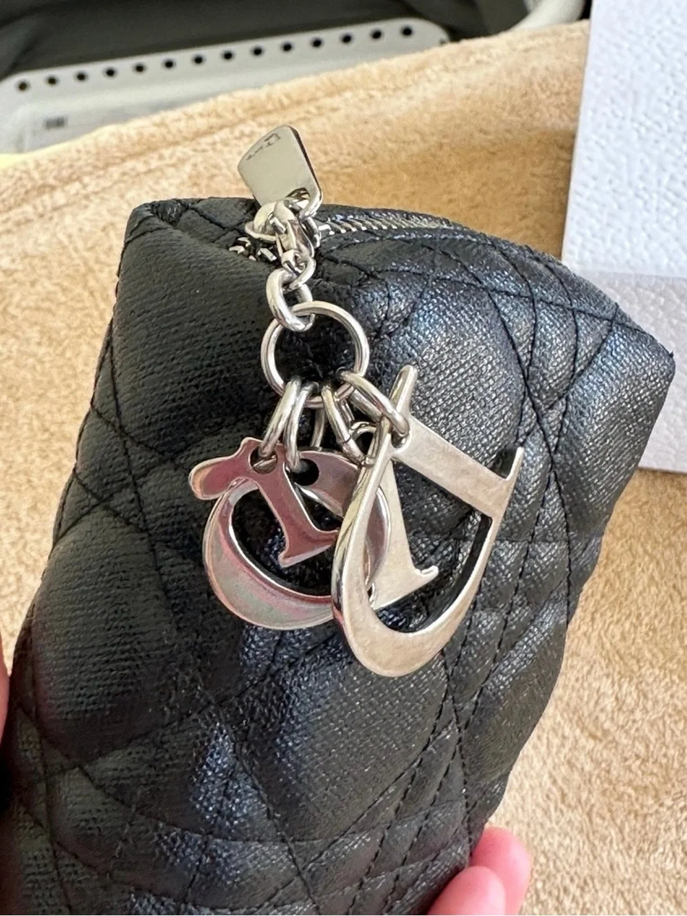 Dior Black Quilted  Mini Pouch with Silver Tone Dior Charm